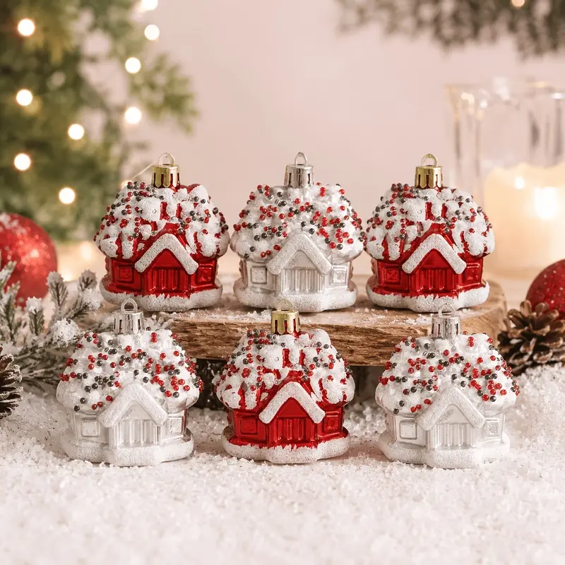 6 Pack Christmas Decorations Mini House Hanging Ornaments Christmas Tree Pendants Home Decor Festive Holiday Indoor Outdoor Decorative Hangings For Party Xmas Tree Fireplace Wall Door Decor
