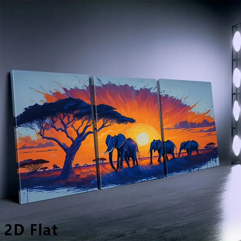 3 African Elephants Sunset Canvas Wall Art - Easy-Hang Modern African Prairie Bohemian Decor, High-Quality 2D Nature-Inspired Print for Living Room, Home Decor Use, Wall decor