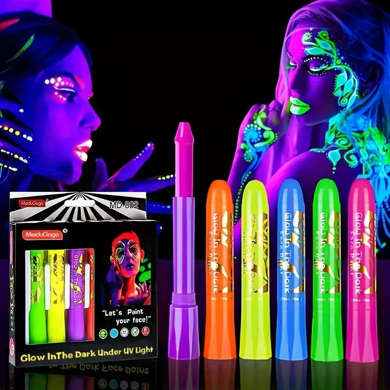 Light Glowing Face Paint Wax Set, 6 Neon Face and Body Paint Sticks, Perfect for Carnival, Halloween, Costume Makeup