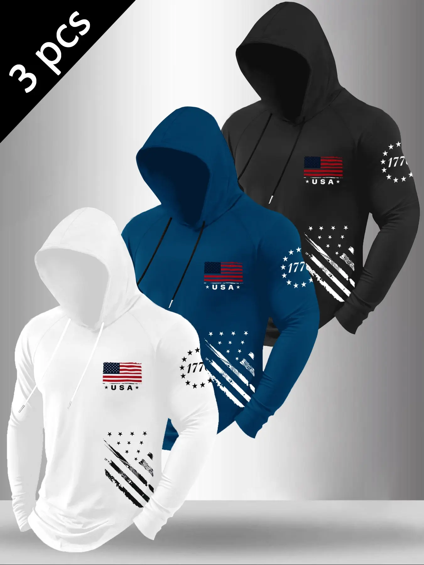 Men Raglan Sleeve Drawstring Hoodie, Chest USA Flag Print & Sleeve 1776 Star Distressed Flag Graphic Curved Hem Soft Casual Patriotic Street Pullover For Daily Trend Workout Outfit #PatrioticHoodie #USAFlagHoodie #1776VintageTop