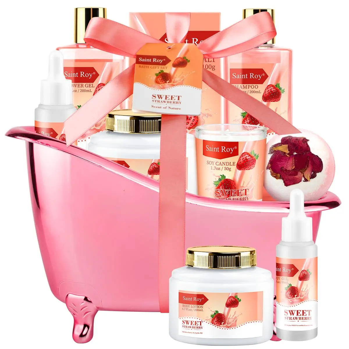 Spa Gift Basket Spa Kit for Women Bath & Body Gift Set, Home Spa Bath Strawberry Scented Bath Set, Christmas Pamper Kit for Girls & Teens, Birthday Self Care Gift
