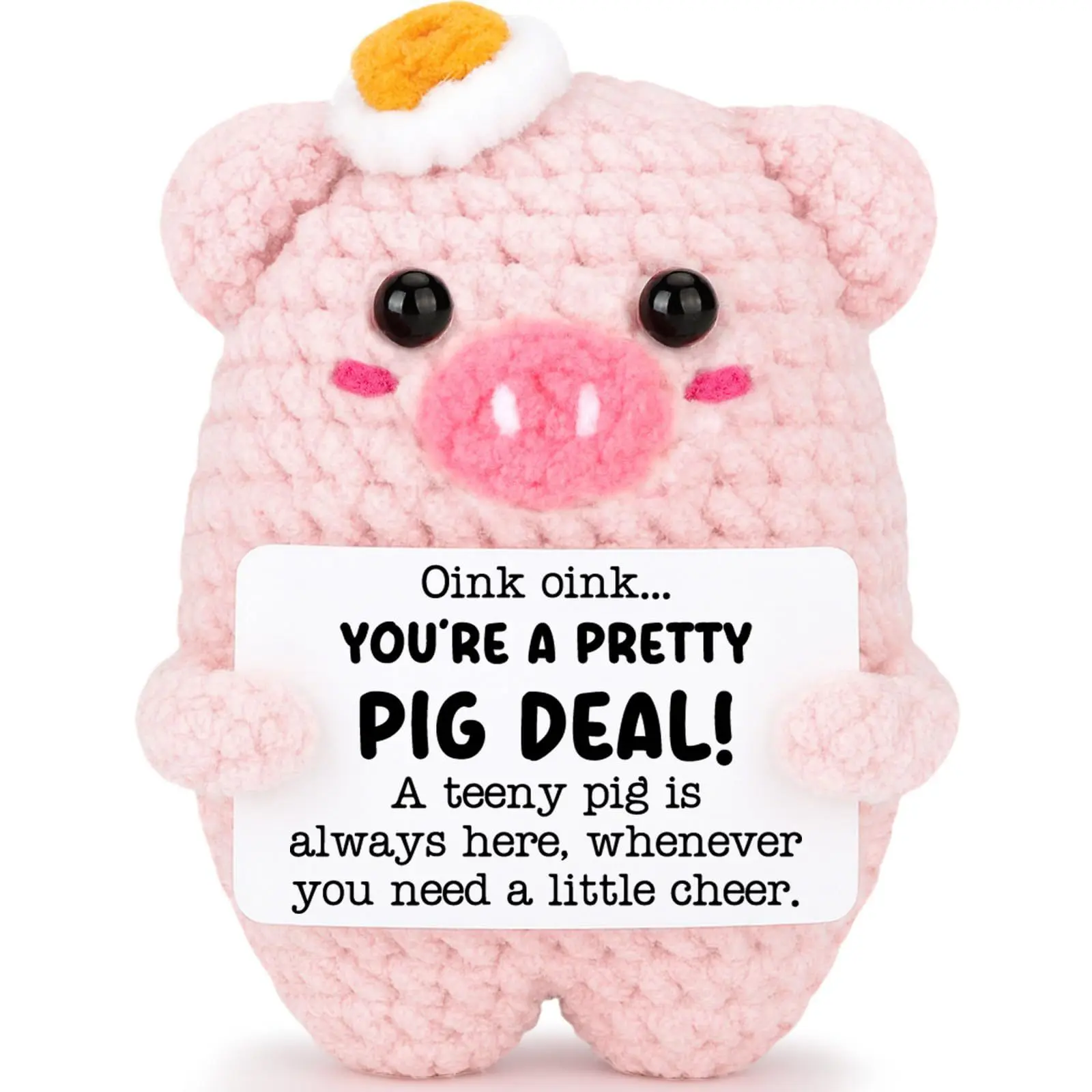 Handmade Crochet Miniature Pink Pig Plush Doll Keychain - Fried Egg Hat, Positive Affirmation Card, Happy Birthday Encouragement Gift for Friends