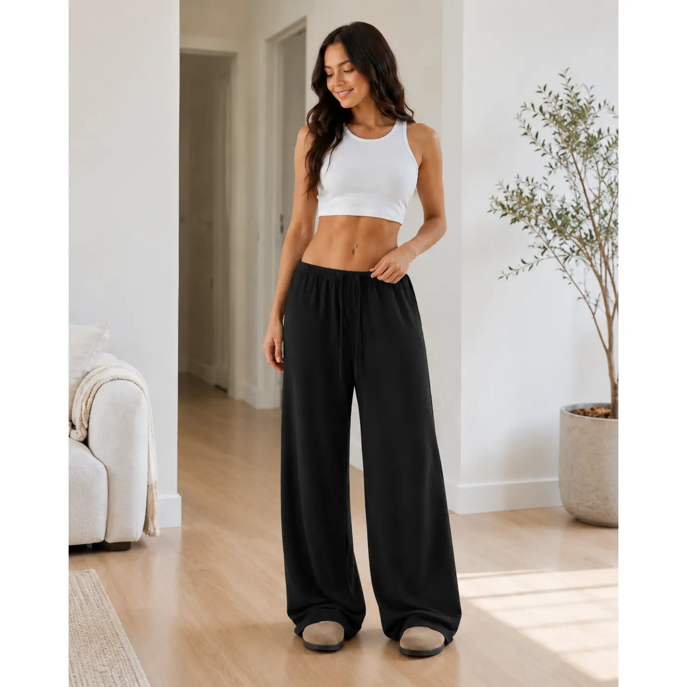 Women's Low Waist Wide Leg Lounge Pants, Baggy Drawstring Sweatpants, Loose Soft Knit Casual Pants for Lounge, Travel and Everyday Wear