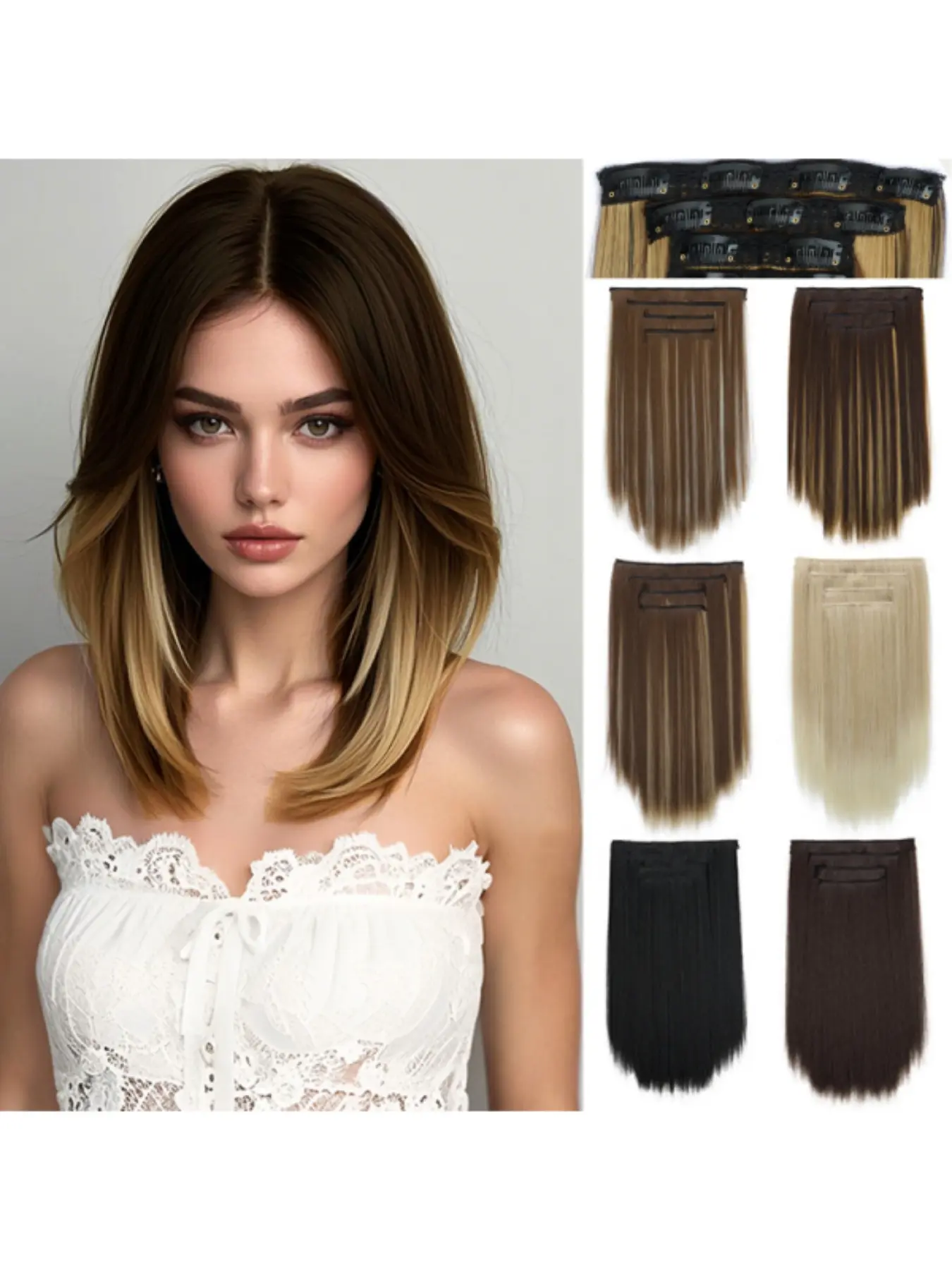 14 Inch Synthetic Clip In Hair Extensions Brown Ombre Highlight Straight Hair Weft Extensions for Women