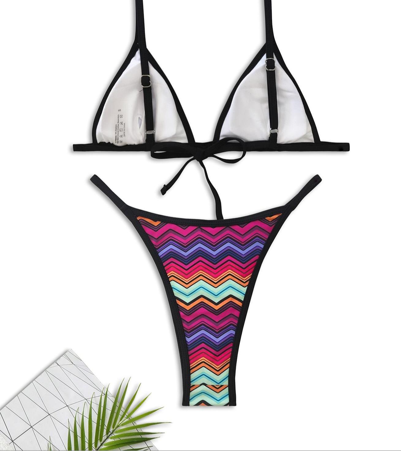 Two-Piece Set Women's Chevron Print Bikini Set, Spaghetti Strap Bikini, Casual Fashion Chic Tie Back Swimsuit Set for Beach Holiday Vacation, Ladies Swimwear for All Seasons