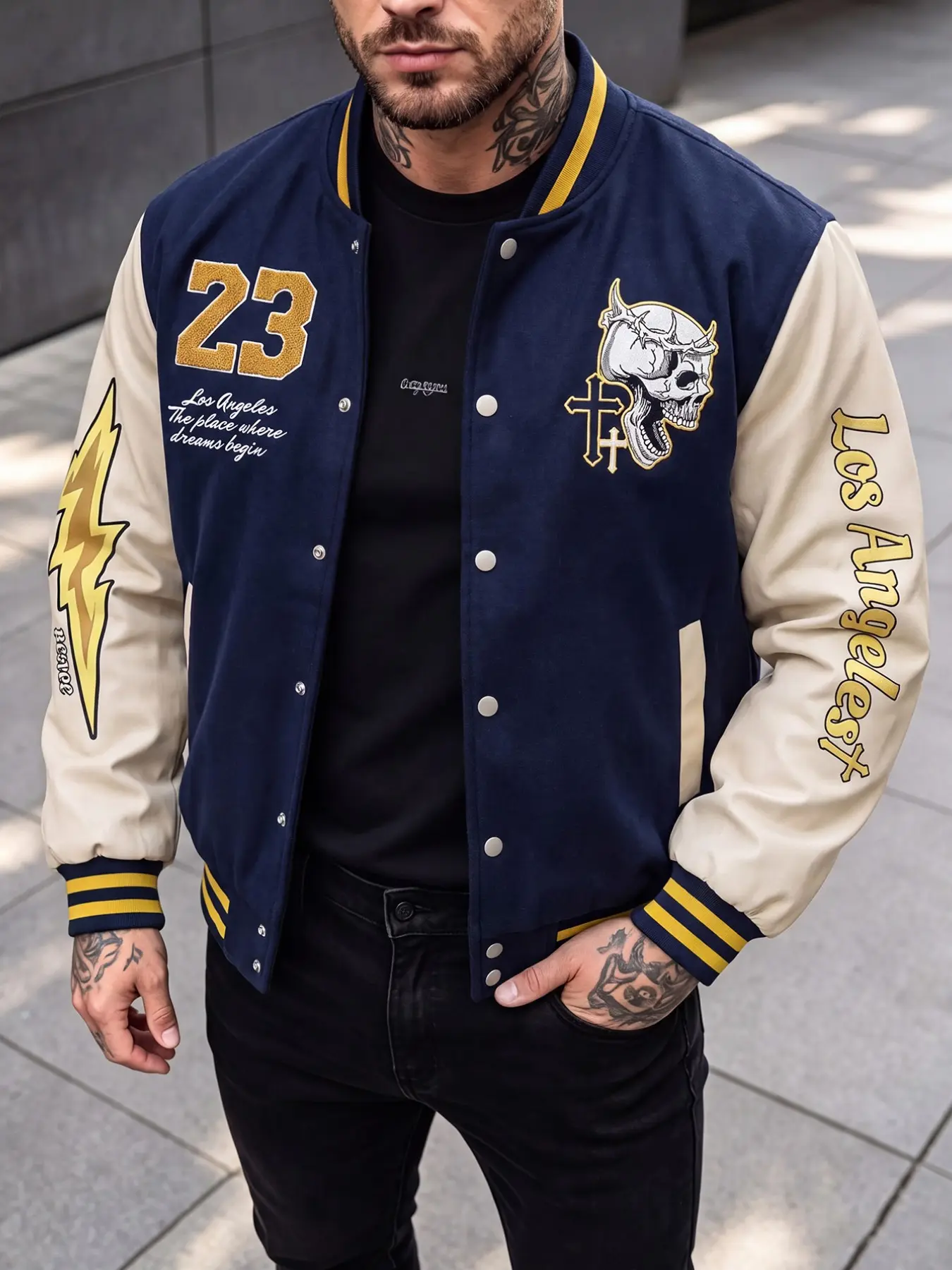 Men's Autumn Letter & Skull Print Jacket, Fitted Long Sleeve Casual Varsity, Skeleton Baseball Bomber, Streetwear for Holidays