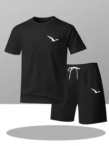Men's Casual Sporty Two-Piece Set, Summer Bird Print, Breathable, Loose-Fit, with Pockets, Daily Wear, All Seasons