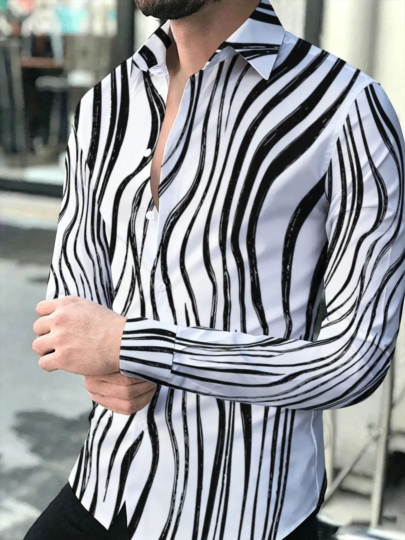 Men's Long Sleeve Shirt, Stylish Irregular Zebra Print, Lapel Single-breasted, Fashionable and Versatile Top for Daily Casual Wear, Unique Black and White Pattern Design, Suitable for Various Casual Occasions Printed Party Activew