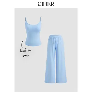 Cider [3 colors, size 2-10] Built-in Bra U-neckline Cami Top & Mid Rise Wide Leg Trousers Loungewear Set