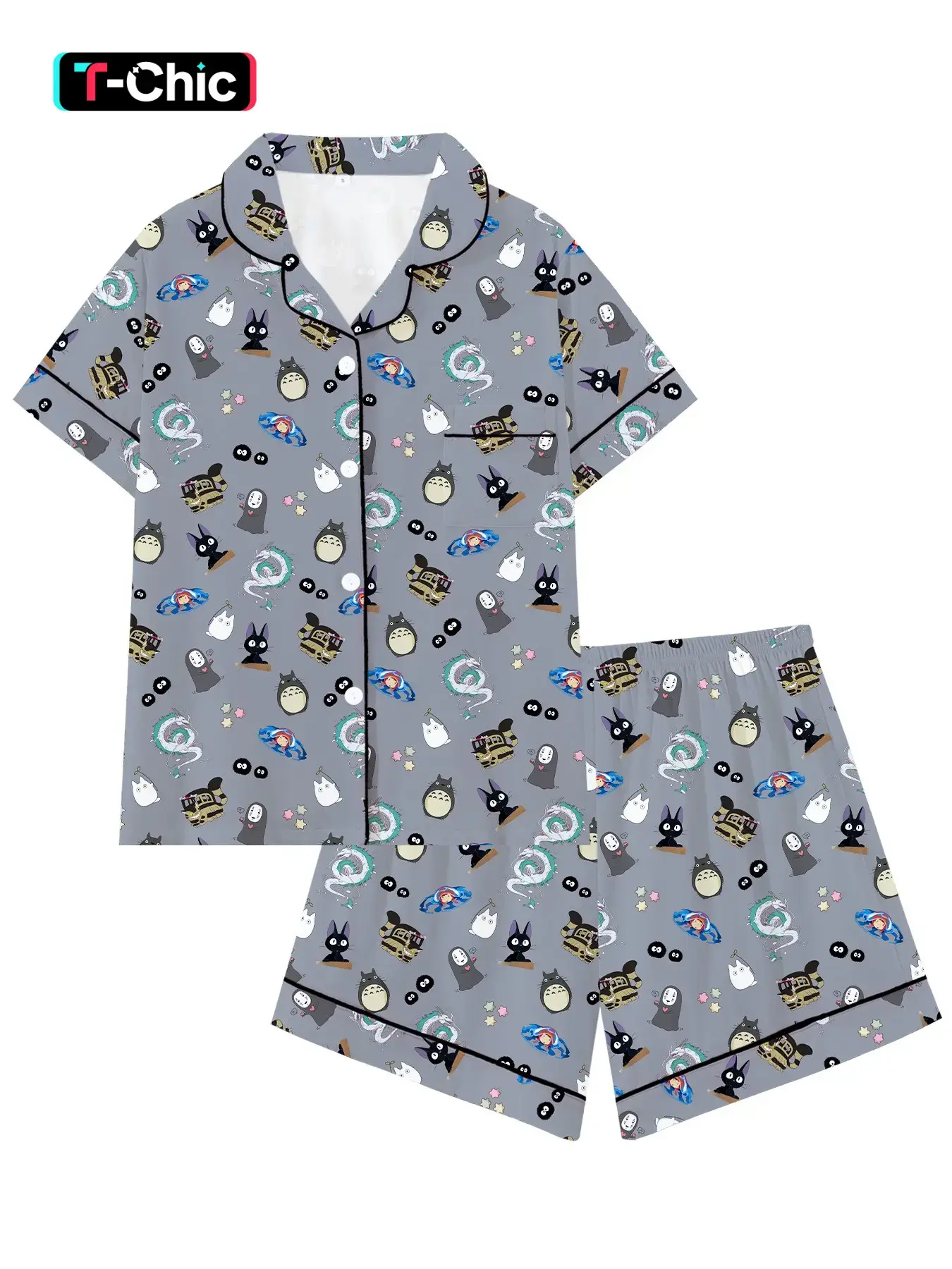 Anime Aesthetic Cute Lapel Short Sleeve Pajama Set, All Season Nightwear, Comfortable Sleepwear, Loungewear, Homewear for Home, Gift for Sleeping and Vacation, Cute Chinchilla Print Lounge Set, Animal Pajamas for teens, Woodland Creature Sleepwear
