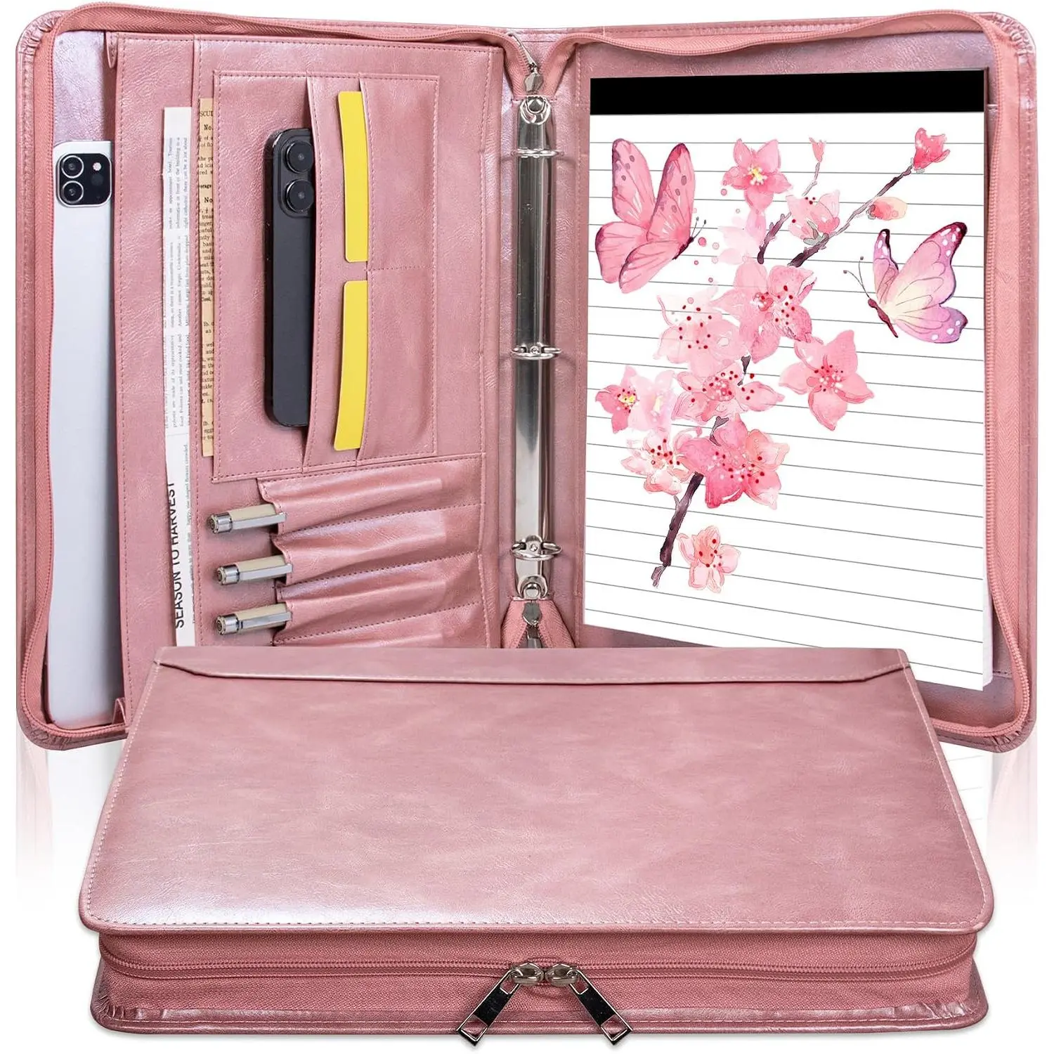 Rose  Padfolio,Vegan Leather Portfolio for Women,3-Ring Binder with Zipper, A4 Planner Binder with Laptop Pocket,Legal Size Portfolio,WorkBinder Organizer for Women and Girls