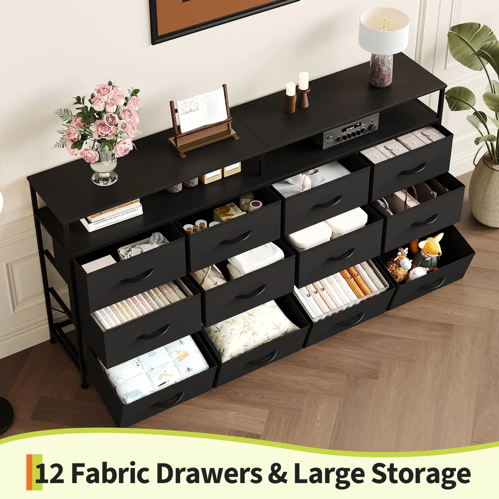 Garvee 63-Inch Dresser Stand Featuring 12 Fabric Drawers, Open Shelves, and Durable Steel Frame in Black Finish for Stylish and Functional Storage