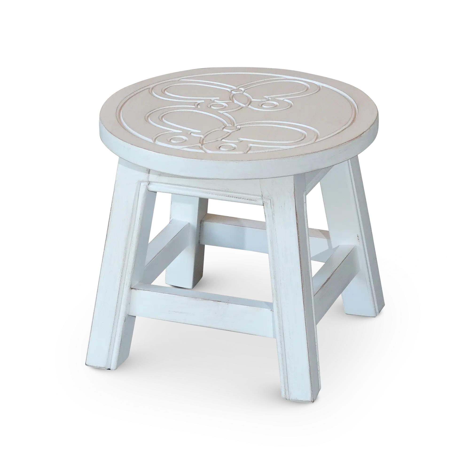 Nokaa Carved Wooden Step Stool with Butterfly Design, Antique White Finish, Rubberwood, 10"H x 11"Dia, Decorative Foot Stool for Bedroom Living Room Kitchen Bathroom, Home Furniture