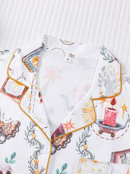 2 pieces of women's Halloween witch hat skull crystal ball butterfly print short sleeved shorts comfortable lapel pajama set knitted top pocket elastic waistband suitable for all seasons casual classic home wear