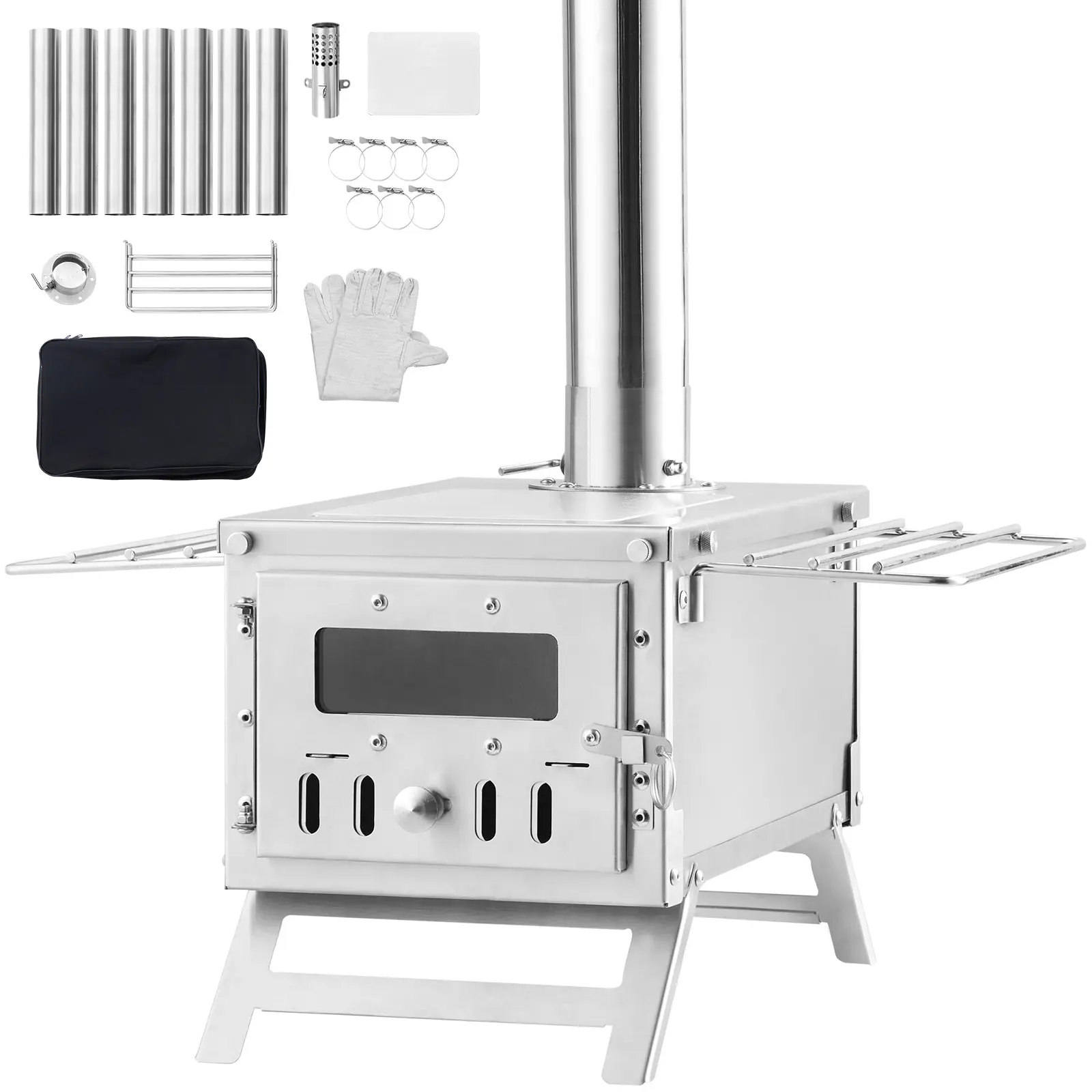 Wood Stove, Stainless Steel Camping Tent Stove, Stainless Steel Construction, For Outdoor Cooking and Heating with 8 Pipes