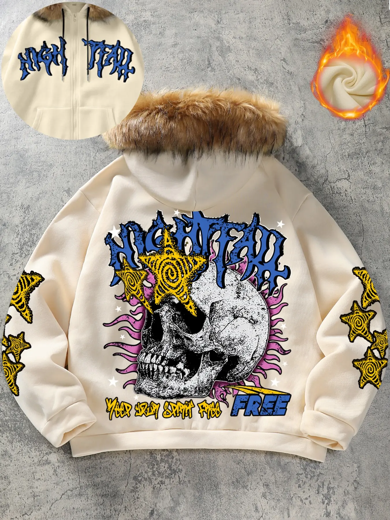 Men's Y2K Gothic Skull Graphic Zip-Up Hoodie - Faux Fur Trim