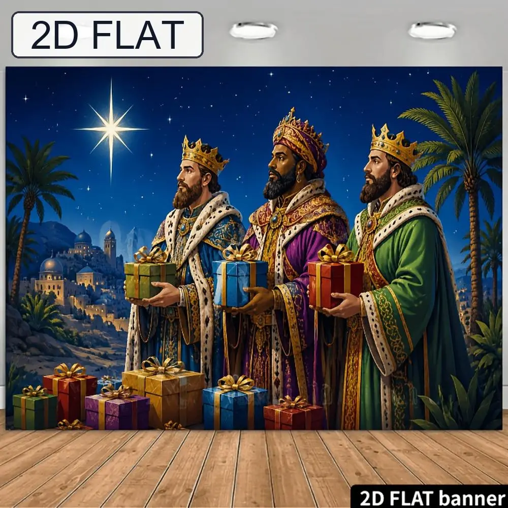2D Flat Banner polyester HD digitally printed photography backdrop, Three Kings Epiphany festival themed printed background cloth, suitable for festival photography, party decor, event scene setting, product ph