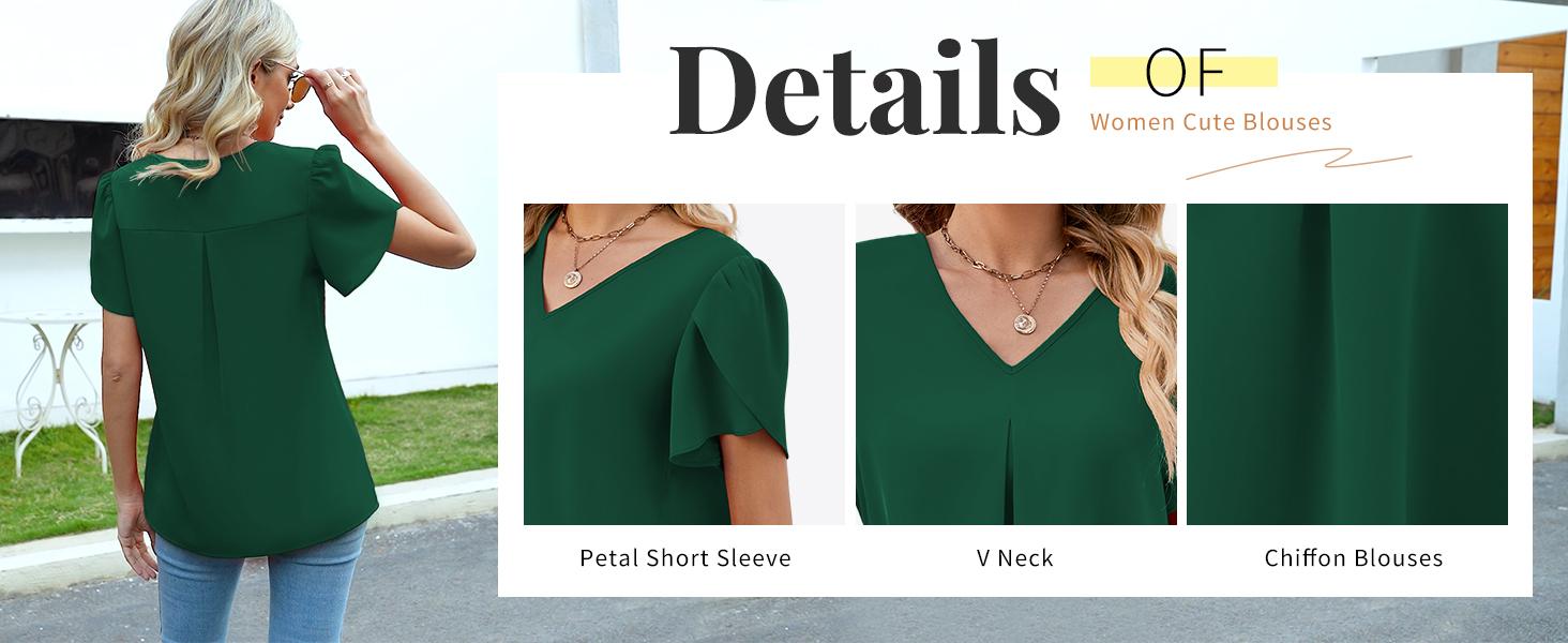 Women's Summer Tops Short Sleeve Dressy Chiffon Blouses V Neck Work Tunic Tops Casual Loose T-Shirts with Pleated Stitched A-Line Design #Springfresh