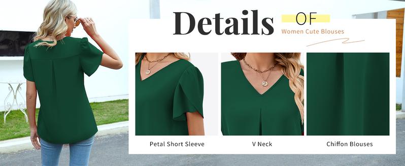 Women's Summer Tops Short Sleeve Dressy Chiffon Blouses V Neck Work Tunic Tops Casual Loose T-Shirts with Pleated Stitched A-Line Design #Springfresh