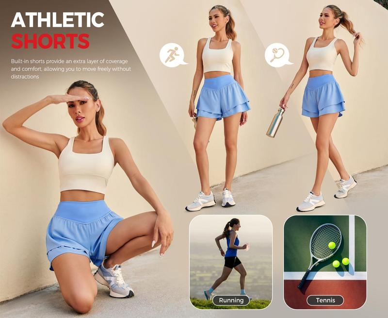 Danedvi Womens High Waisted Athletic Shorts Ruffle Tiered Running Workout Tennis Shorts with Build in Shorts