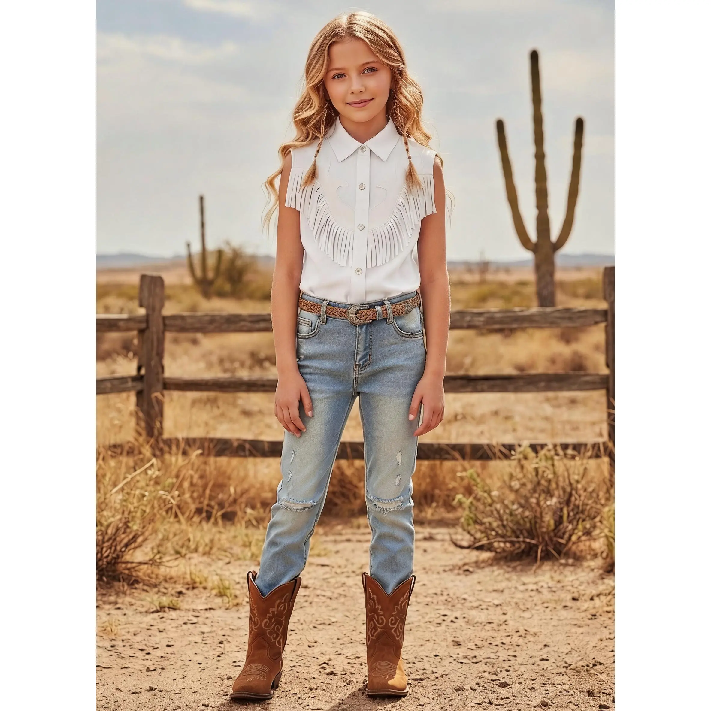 Girls Sleeveless Faux Suede Fringe Button Down Shirt, Western Cowgirl Collar Tank Top for Kids Country Outfit