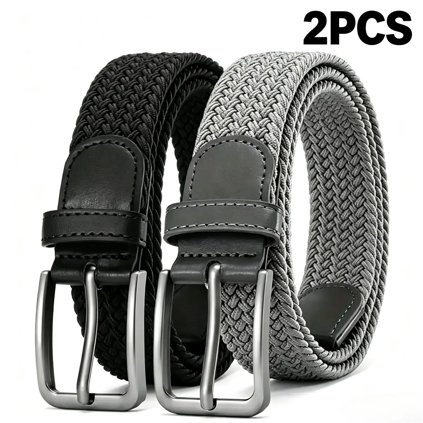2 Pack Elastic Woven Golf Belts for Men, Stretch Fabric Casual Belts, Adjustable Braided Belts for Jeans Outdoor