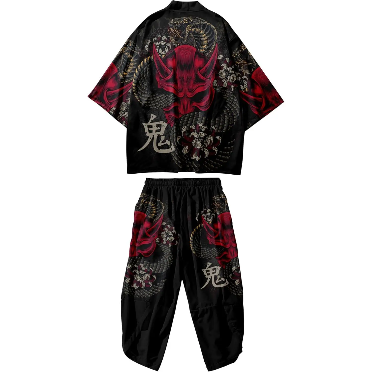 Men's 2-Piece Kimono Set, Japanese Open Front Cardigan with Printed Pattern and Shorts, Loose Fit Polyester Loungewear, US Sizes