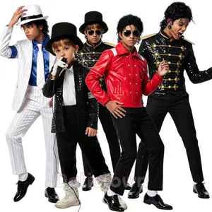 Movie Michael Jackson Beat It Punk Red Thriller Jacket Black Coat Wig for Kids Boys Halloween Christmas Brithday Party Costume