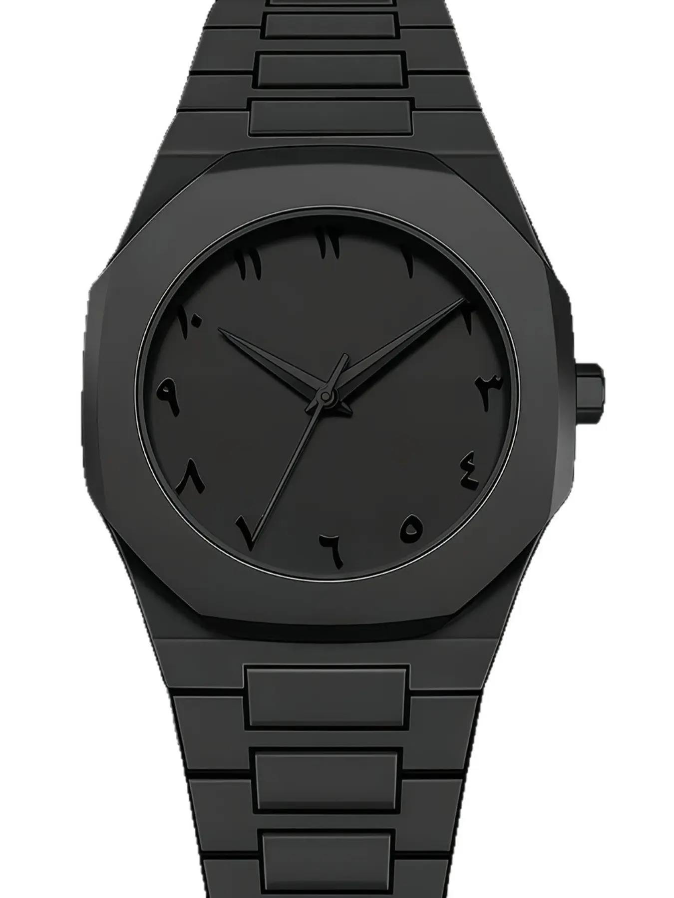 Dark-style Arabic numeral quartz wristwatch with all-black steel band design. A small-scale, high-end men's watch featuring sleek lines, elegant analog dial.