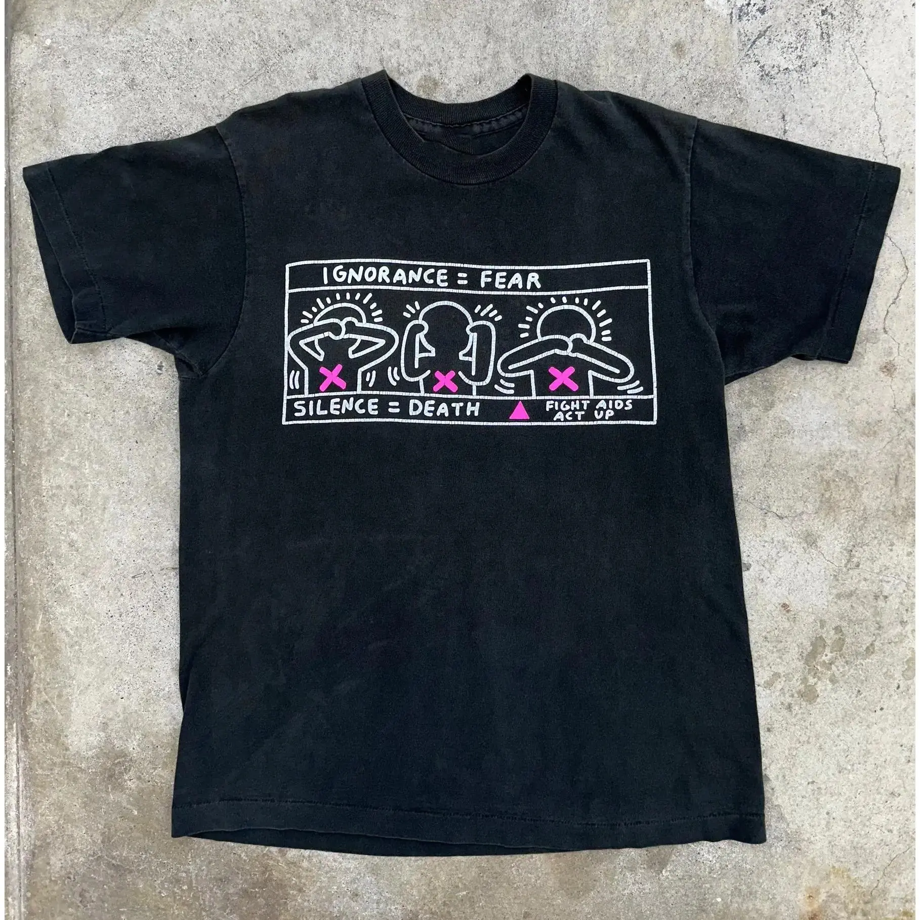 Vintage 1990s Keith Haring Fight Aids Casual Round Neck Shortsleeve 180g Black T-Shirt, Sports Top, Tops, Black-T-Shirt-180G