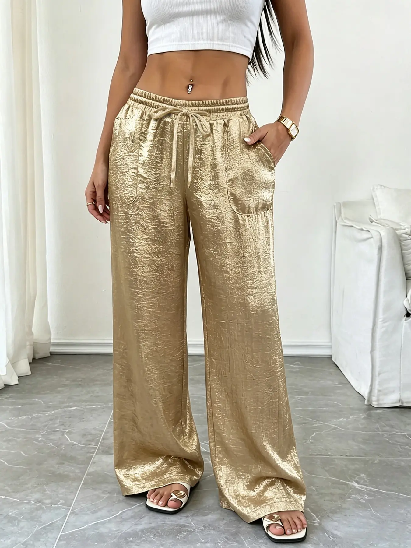 Shiny Metallic Satin Wide Leg Pants for Women, Chic Elastic Drawstring High Waist Palazzo Trousers with Pockets Glossy Flowy Long Pants Casual Club Party Vacation Streetwear Soft Lightweight Silky Fabric Relaxed Full Length Trendy Elegant Sparkly Slacks