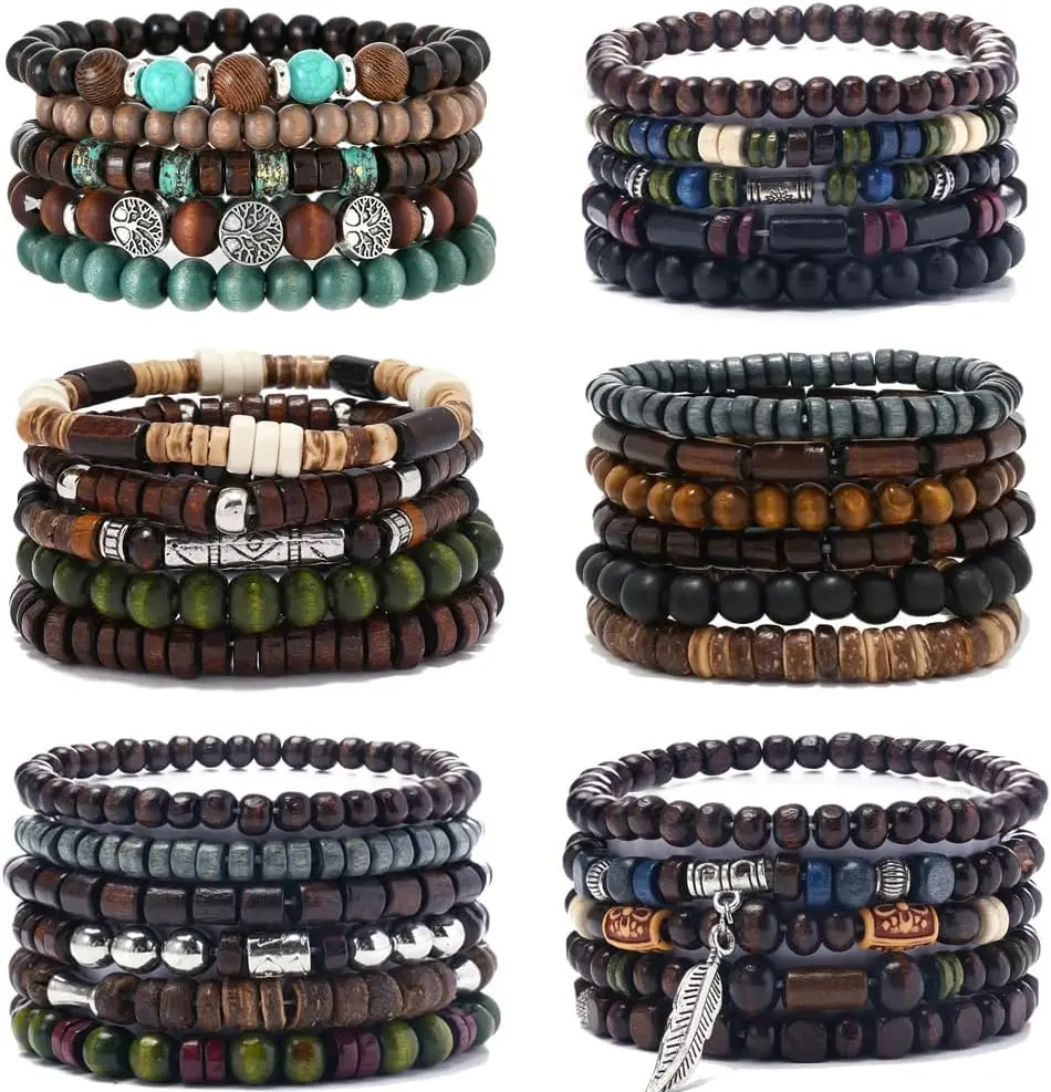FIRAZIO Men's 32-Piece Sustainable Wood Beaded Bracelets - Adjustable Stacking Set, Casual Costume Jewelry, Meaningful Gift, Daily Wear, Male Set