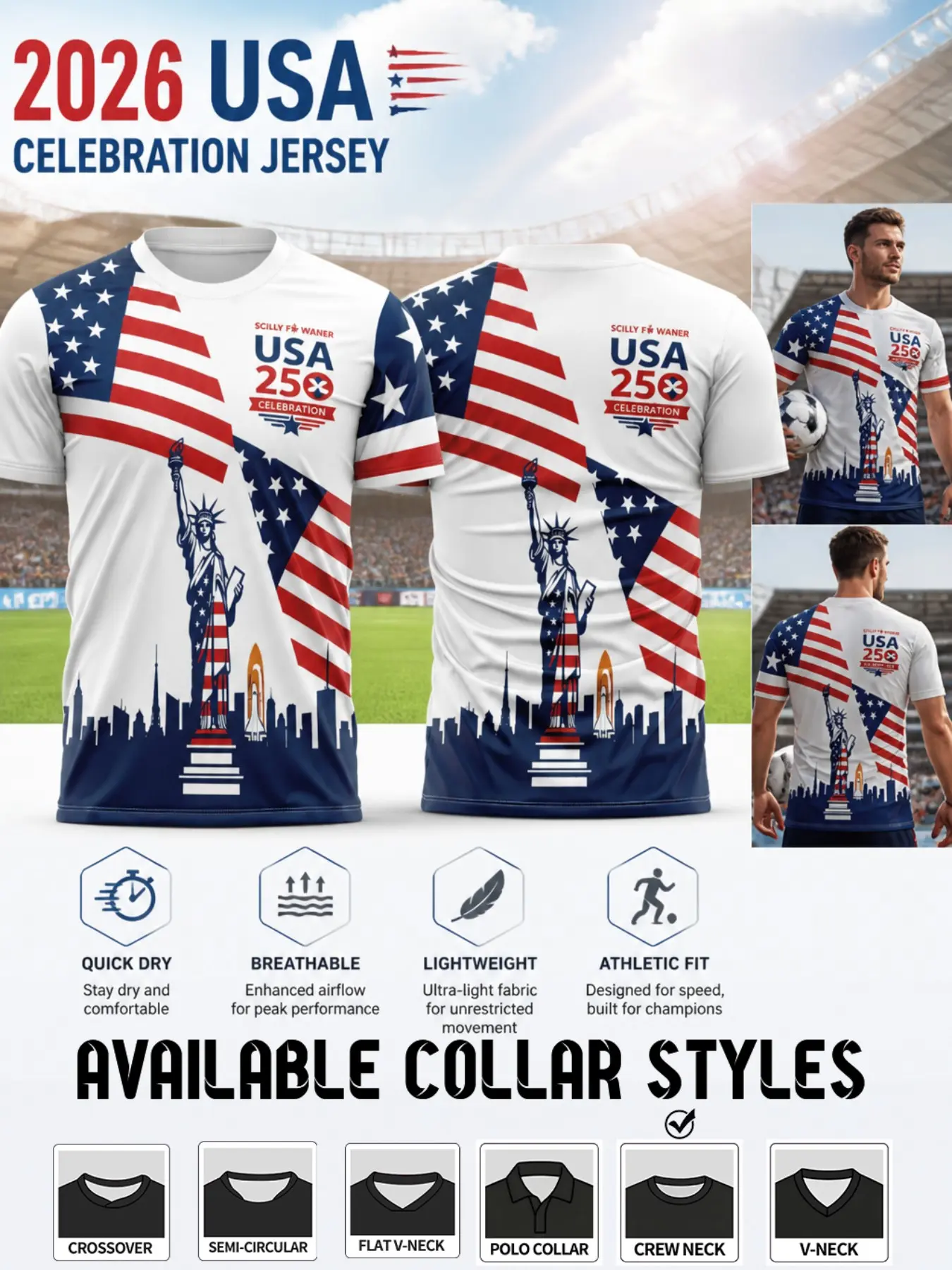 2026 Usa Liberty Statue Star Stripe Soccer Jersey, Quick-Dry Breathable Lightweight Short Sleeve, Ideal for Matches Training Sports Tops