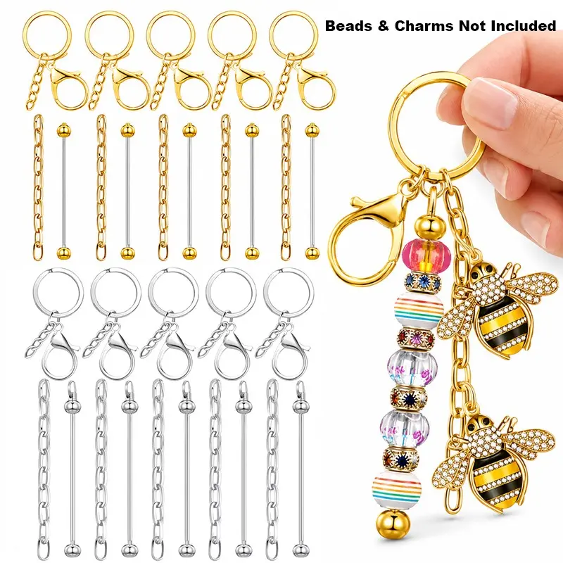 30Pcs Beadable Keychain Bar Kit, Includes 10 Key Rings with Clasps, 10 Chains and 10 Blank Beadable Rods, DIY Keychain Hardware for Handmade Crafts, Bag Decor and Gift Projects, Keychain Accessories