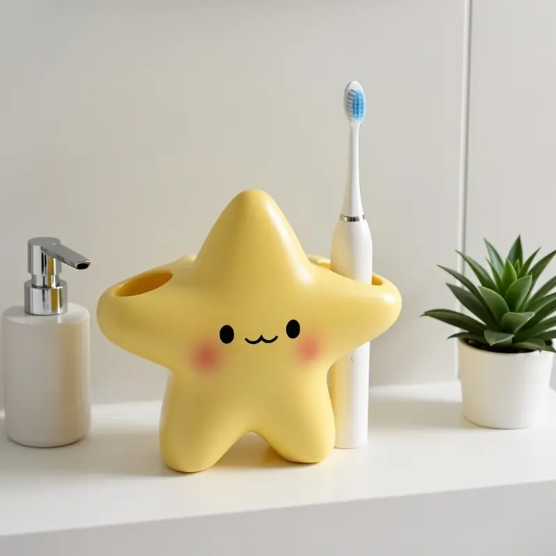1pc Cute Star Toothbrush Holder with Adorable Face - Freestanding Space-Saving Plastic Bathroom Organizer, Durable Star-Shaped Container for Toothbrush & Toothpaste, Open-Top Design (No Assembly)