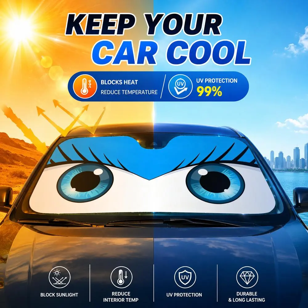Car Big Eyes Sun Visor Universal Car Windshield Sun Shade, Reflective UV Protection Heat Insulation Cover, Helps Keep Vehicle Interior Cool, Protects Dashboard from Sun Damage, Foldable Space-Saving Design for Car SUV Truck ﻿