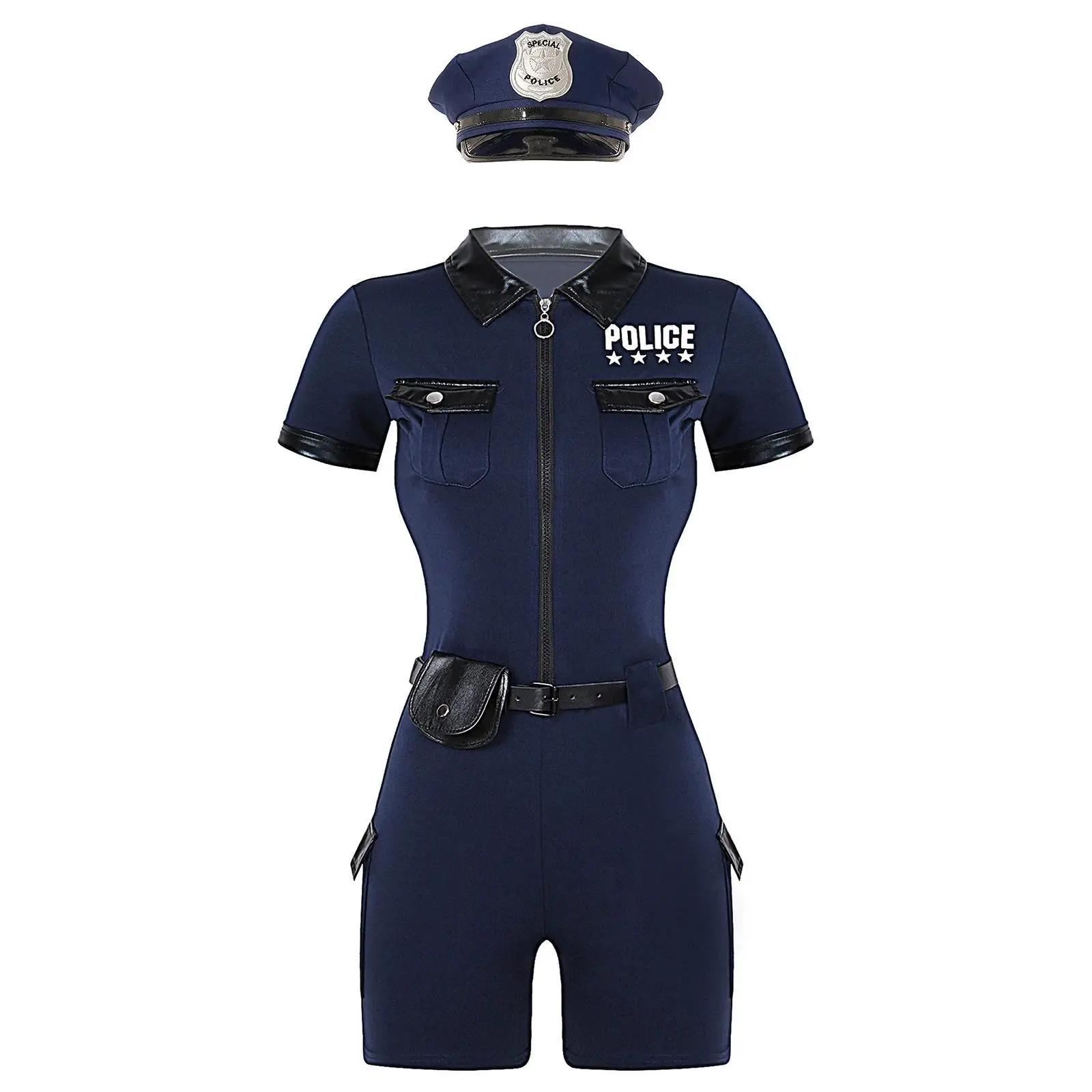 Womens 4 Piece Policewoman Costume Dirty Cop Uniform Outfits Short Sleeve Rompers with Hats Belt Purse Halloween Fancy Dress