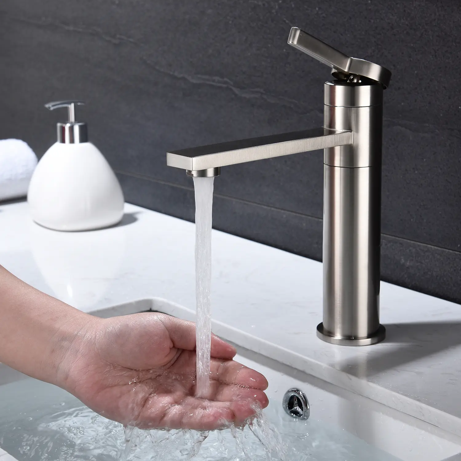 Nokaa Single Handle Bathroom Sink Faucet - Brushed Nickel Stainless Steel Vanity Faucet for Single Hole Installation, Spot-Free Finish, One-Handle Design