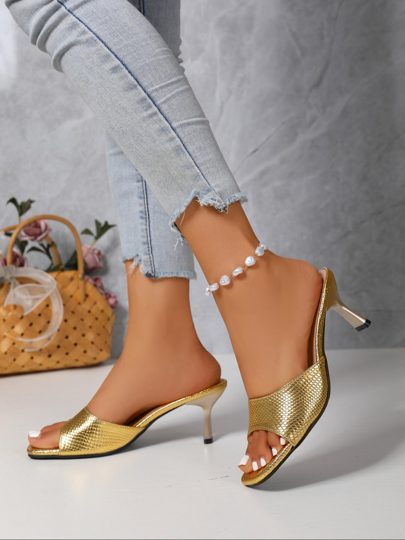 Women's Square-Toe High Heeled Sandals, Summer Casual Shoes with Unique Snakeskin Pattern and Flat Irregular Heel, Stylish and Comfortable Footwear for Daily Wear