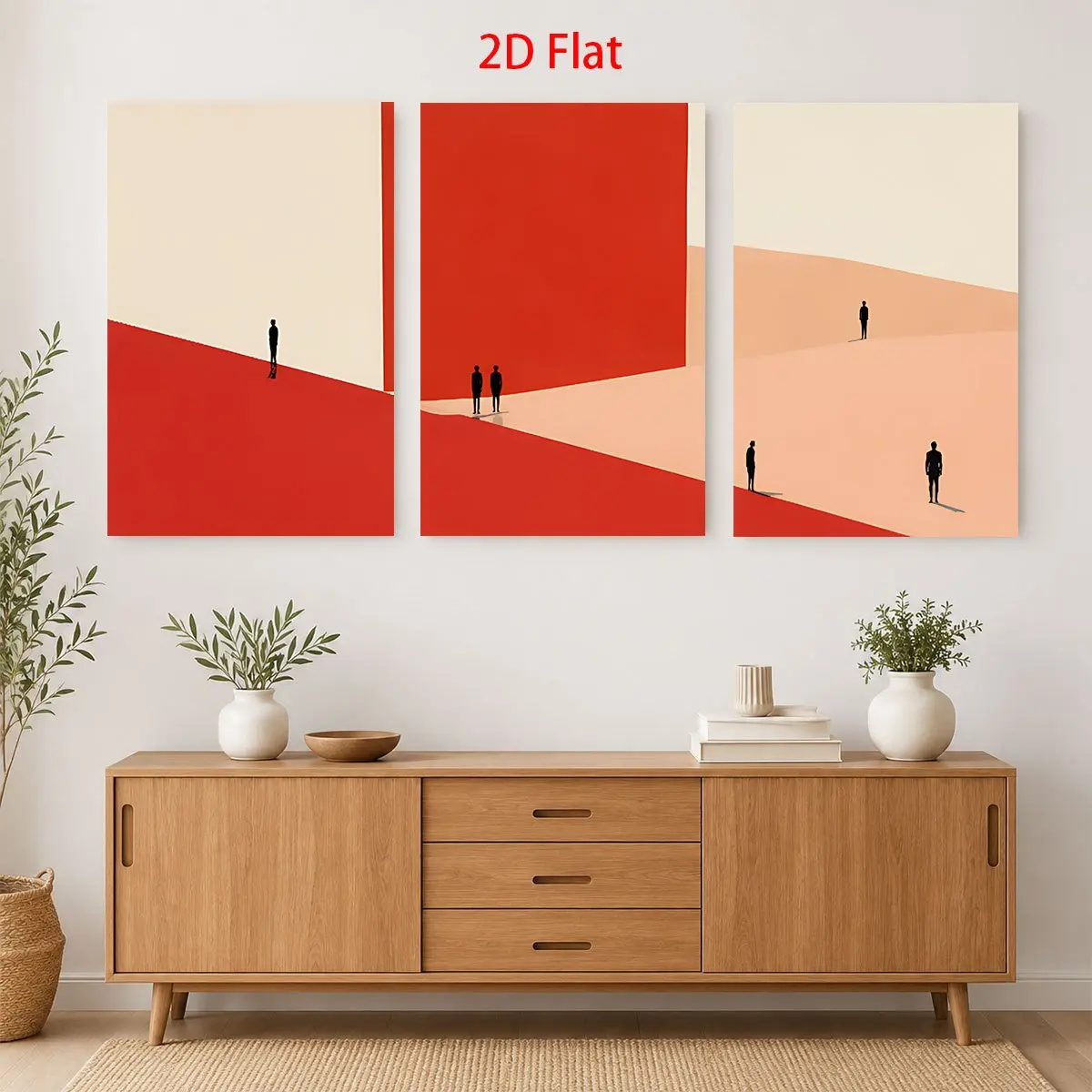 3 2D Abstract Canvas Paintings, Red & Beige Background with Black Human Figures, Waterproof Canvas Prints, Ready to Hang, Home Decor Gift for Father's Day, Graduation