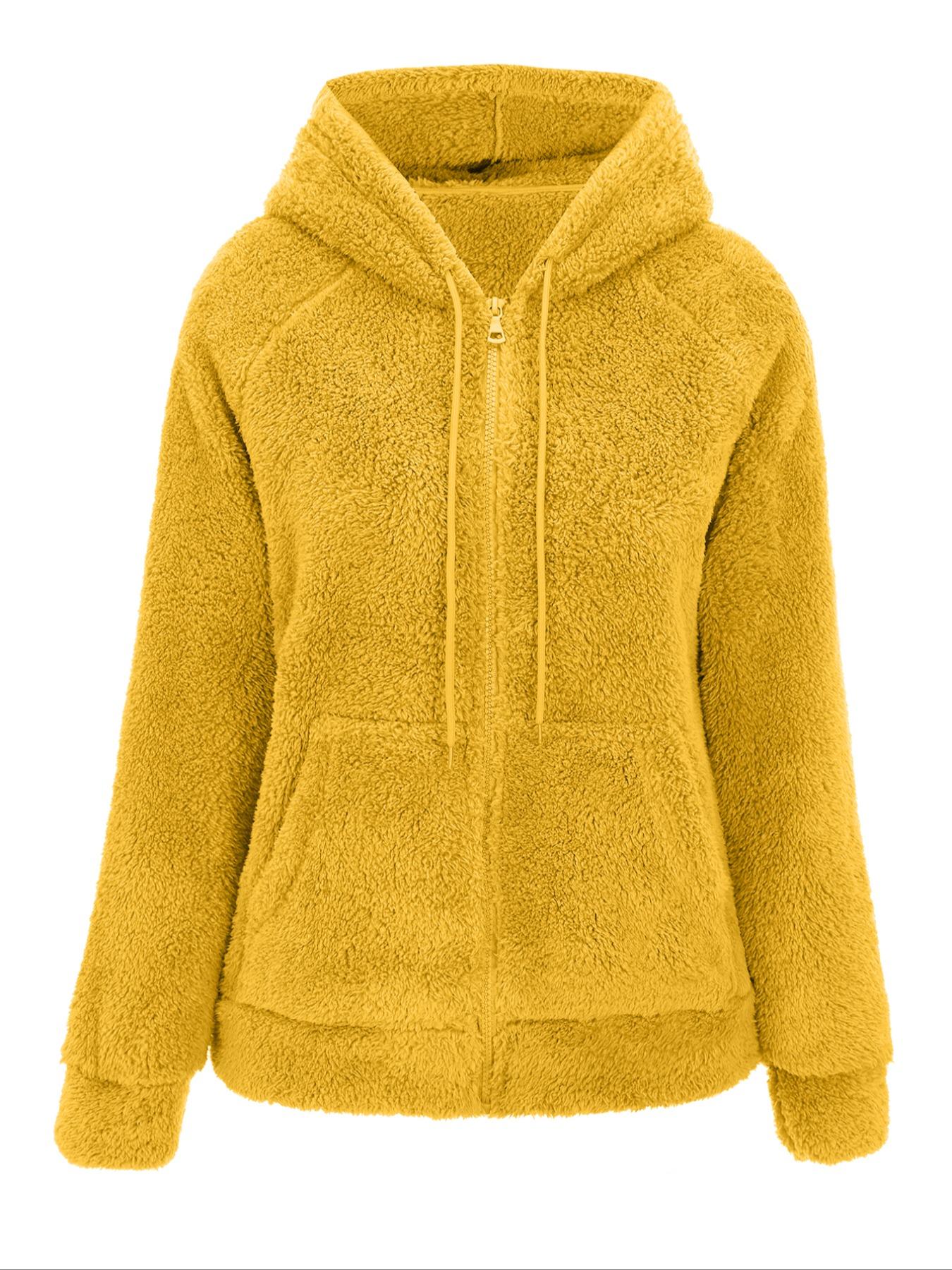 Women's Hooded Plush Jacket with Pockets & Drawstring, Solid Casual Fitted Zipper Outerwear for Spring Autumn Winter All Seasons