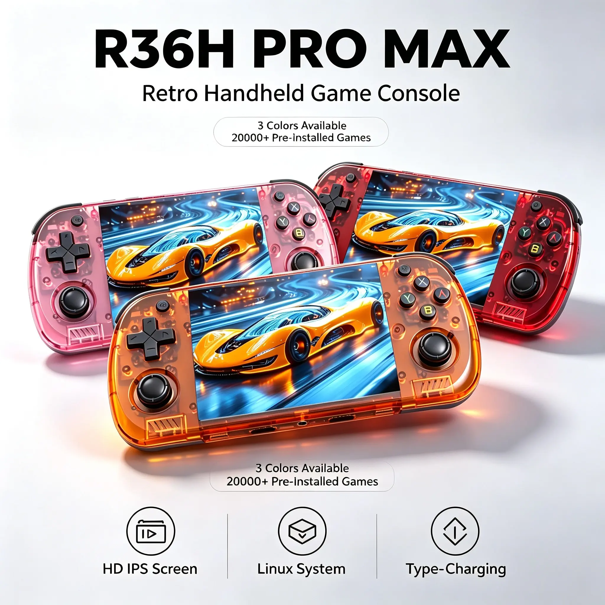 R36h Pro Max Portable Compact Retro Handheld Game Console, 20000+ Arcade Vintage Games, HD IPS Display, Linux System, Mini Gaming Device, Gift for Gamers