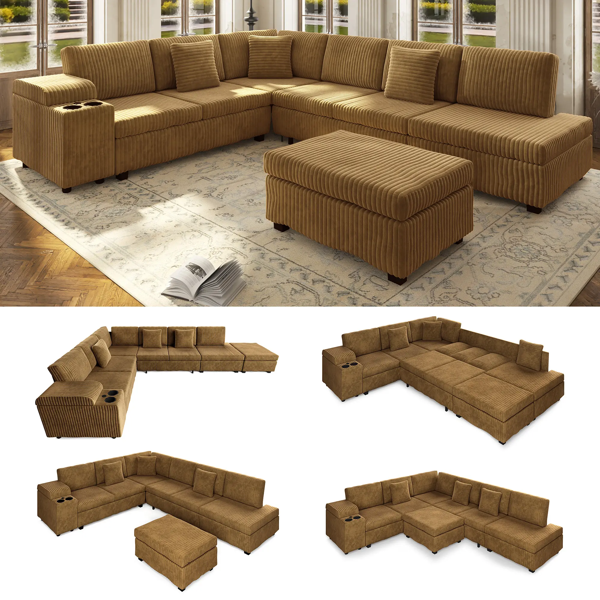 ARCH 5-Seat L-Shaped Corner Sectional Sofa Set - 110.2in Plush Corduroy Modular Couch Sleeper, Corner Layout, Pull Out Sofa Bed Couch, Hidden Armrest Storage, USB Ports, Cup Holders, Removable Ottoman, Camel, for Living Room