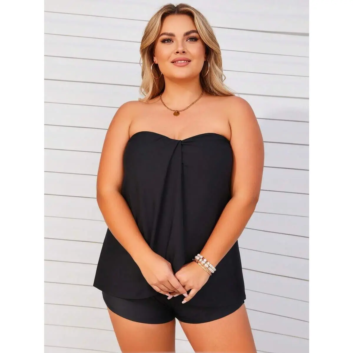 Women's Plus Size Tankini Swimsuit, Casual 2-Piece Strapless Set with Ruched Twist-Front Top & Boyshorts for Swimming Pool Parties, Tankini Swimsuits, Female, Elastic Fabric, Short Length, Two Piece Set, Bathing Suits