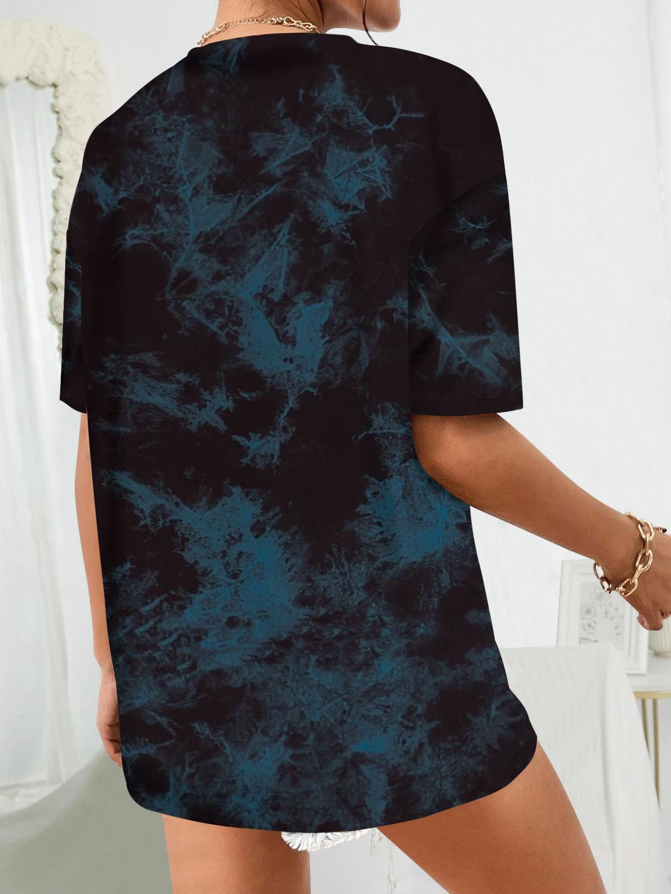 Women's Tie Dye Print Drop Shoulder Tee, Street Fashion Casual Short Sleeve Round Neck T-Shirt for Summer, Ladies Clothes for Daily Wear