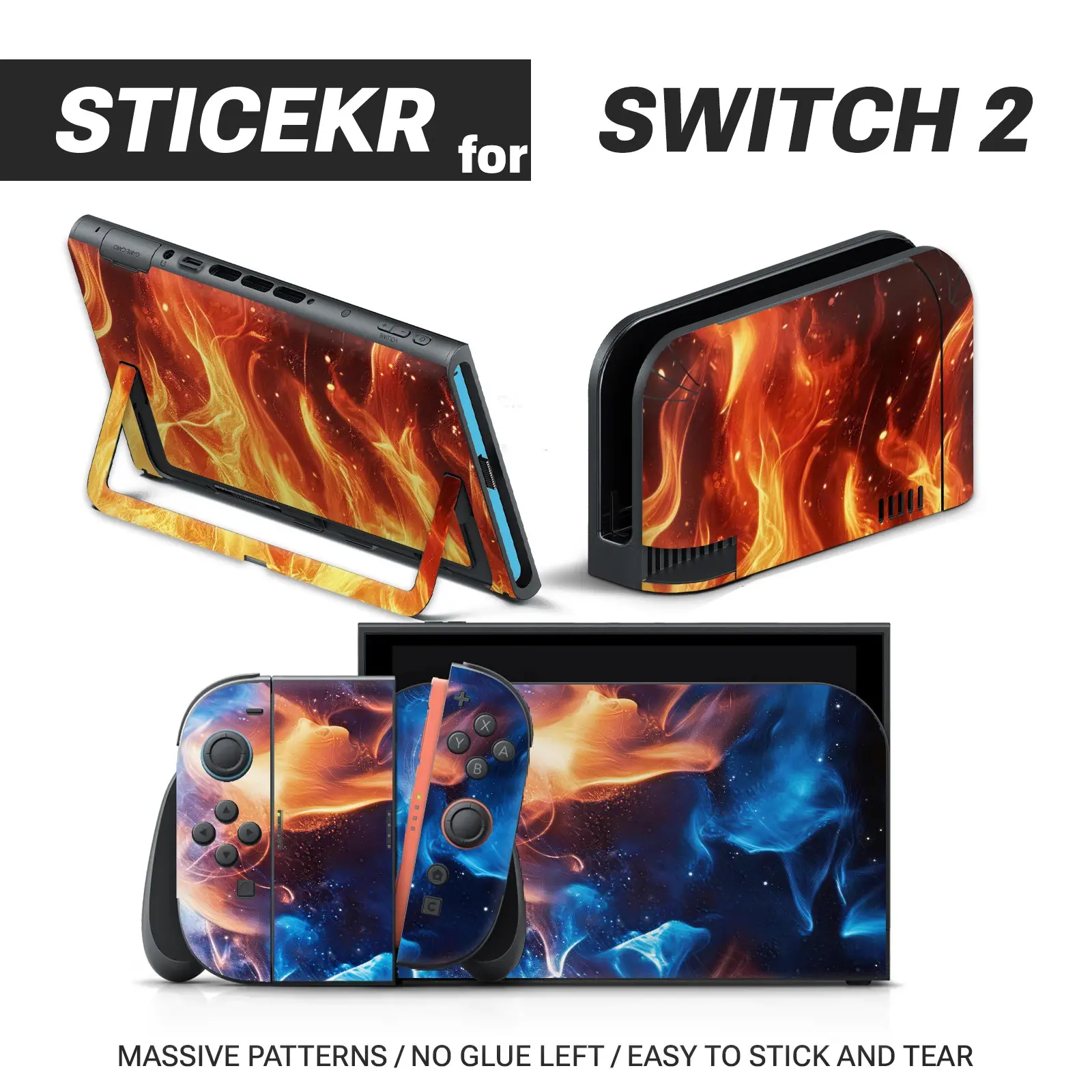 Fire & Ice Nebula Full Set Skin Sticker for Switch 2 Console & Controllers, Vinyl Decal, Waterproof Scratch Resistant, Removable Without Residue