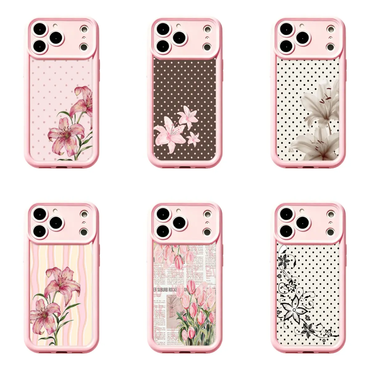 Coquette Cottagecore Pink Lily Polka Dot Phone Case, Compatible for iPhone 17Promax 18 16 15 14 13 12 11 and for Samsung S26-S21, TikTok Trendy Fairycore Lofi Anti-Drop Shell, Kawaii Pastel Stripe Newspaper Print Case, Perfect Holiday Gift for Her
