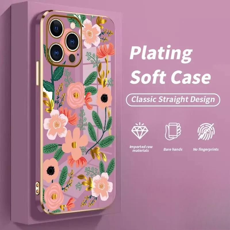 Stylish Floral Charm Luxury Golden Edge Elecroplated TPU Camera Lens Protection Shockproof Phone Cover Gift Case for iPhone  17 15 Pro Max 16 Air 14 Plus 13 12 11