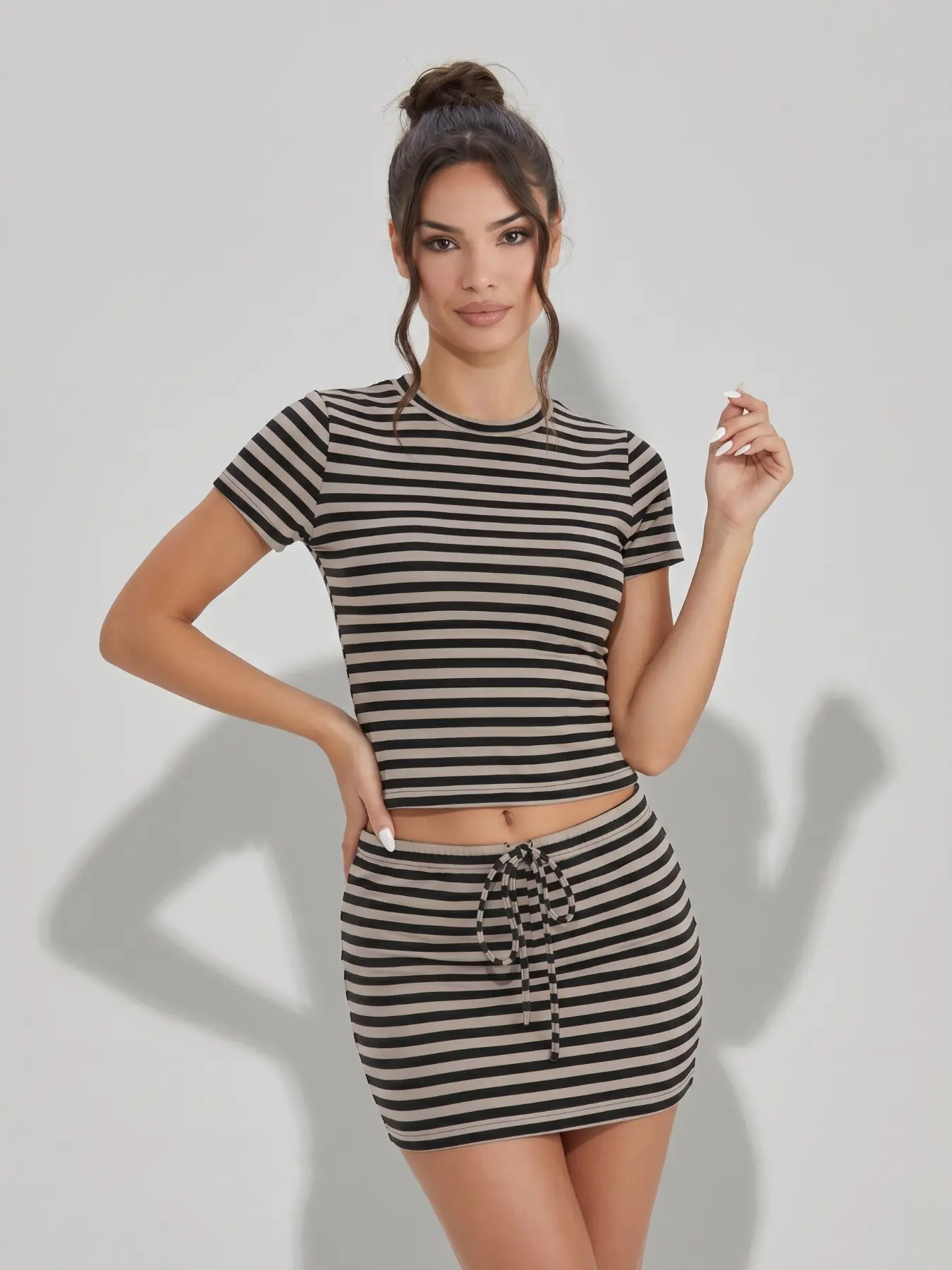Women's Casual Striped Round Neck Short Sleeve Top and Drawstring Skirt Set, Breathable Cotton Two-Piece, Summer Wrinkle-Resistant Daily Wear#TikTokMadeMeBuyIt #MatchingSet#SummerEssentials