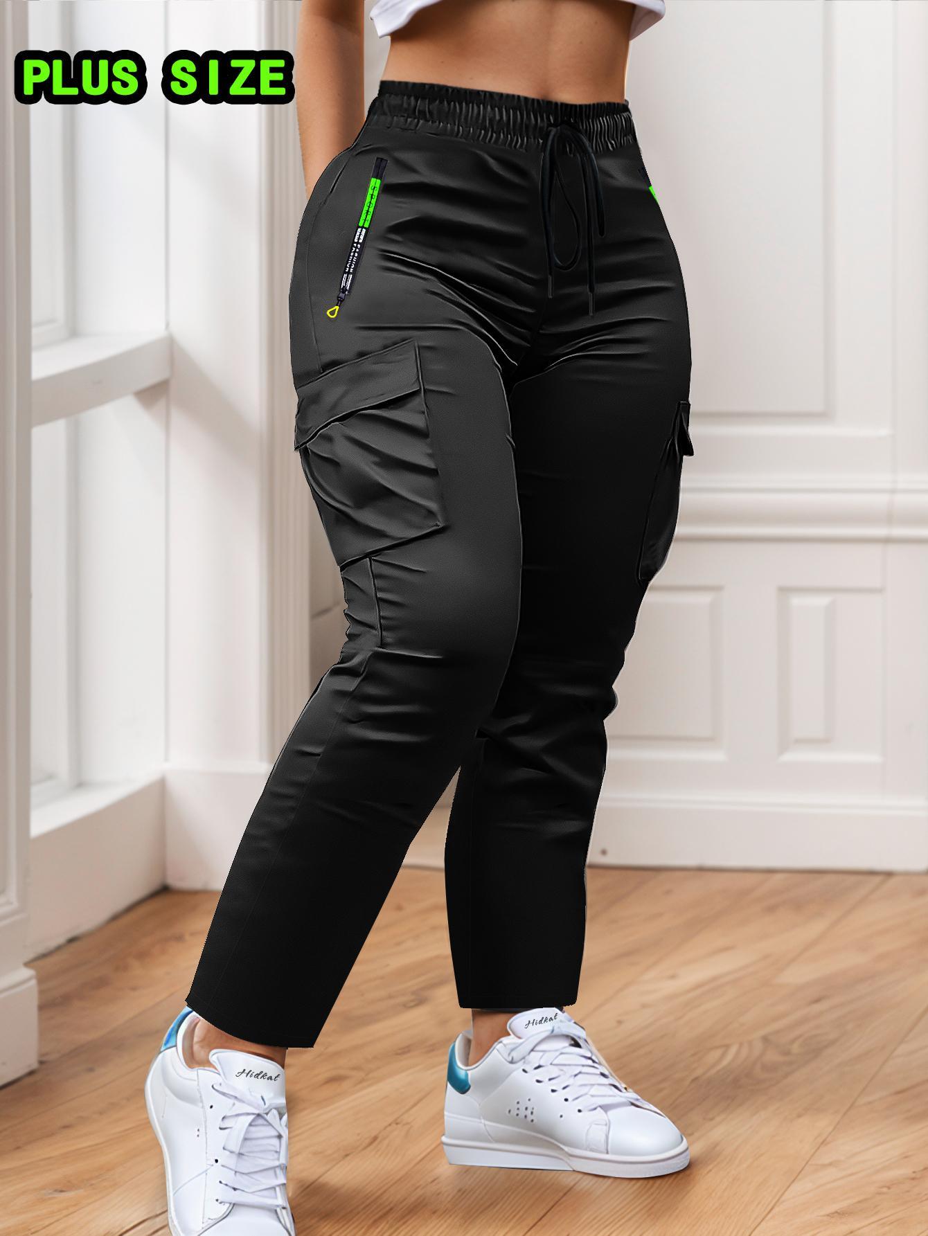 Plus Size Women's Casual Commuter Pants - Straight Fit for Daily Outdoor Activities | Breathable Fabric with Green Zipper Pockets and Dual Side Patch Pockets SpringStatements